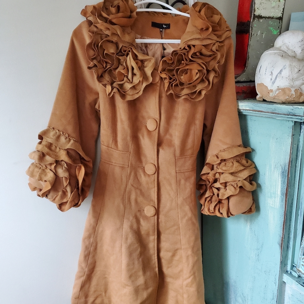 Ryu faux suede tan ruffle coat